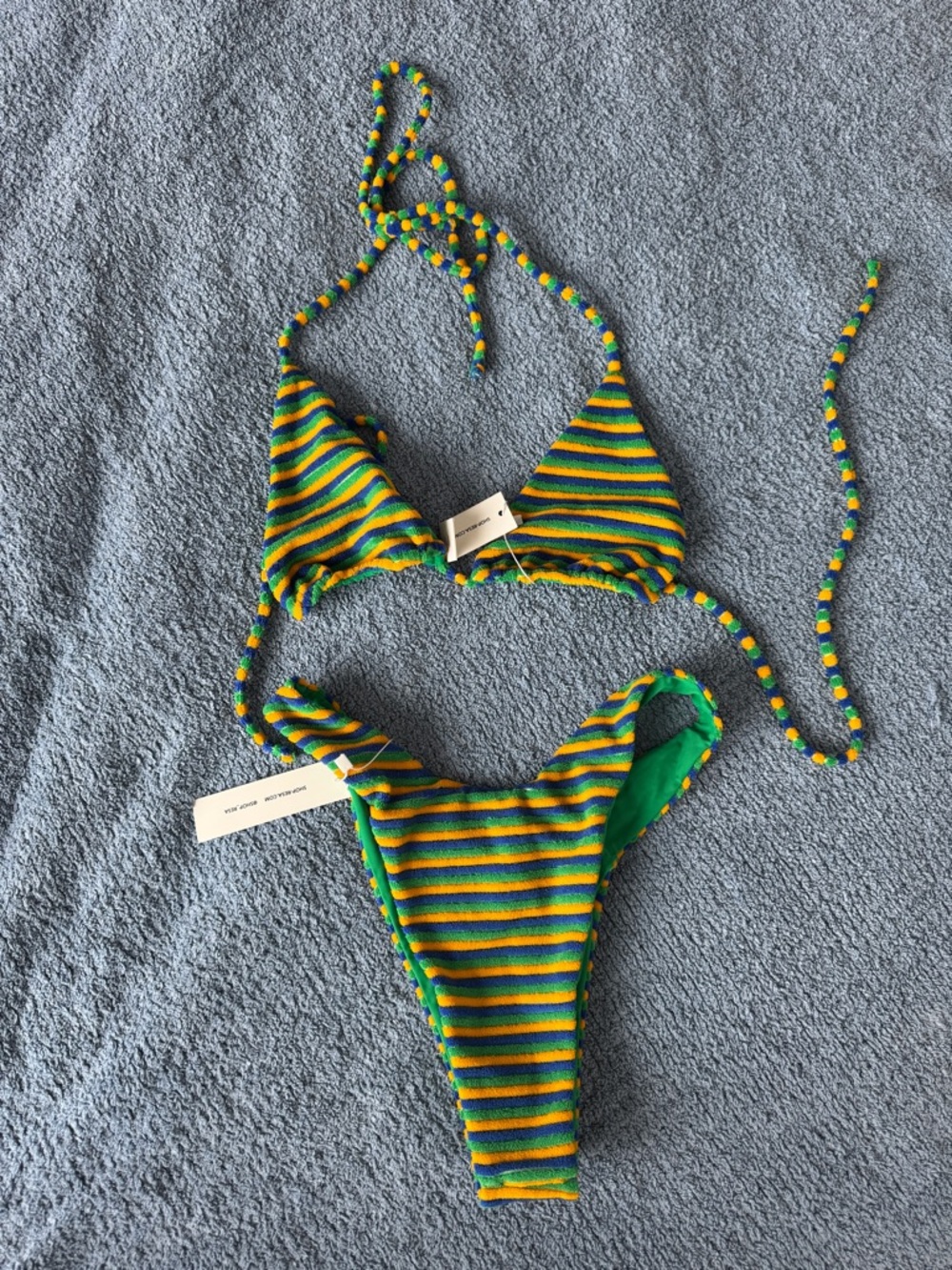 BNWT Striped Green and Yellow Bikini Set + Bucket hat - Picture 8 of 10